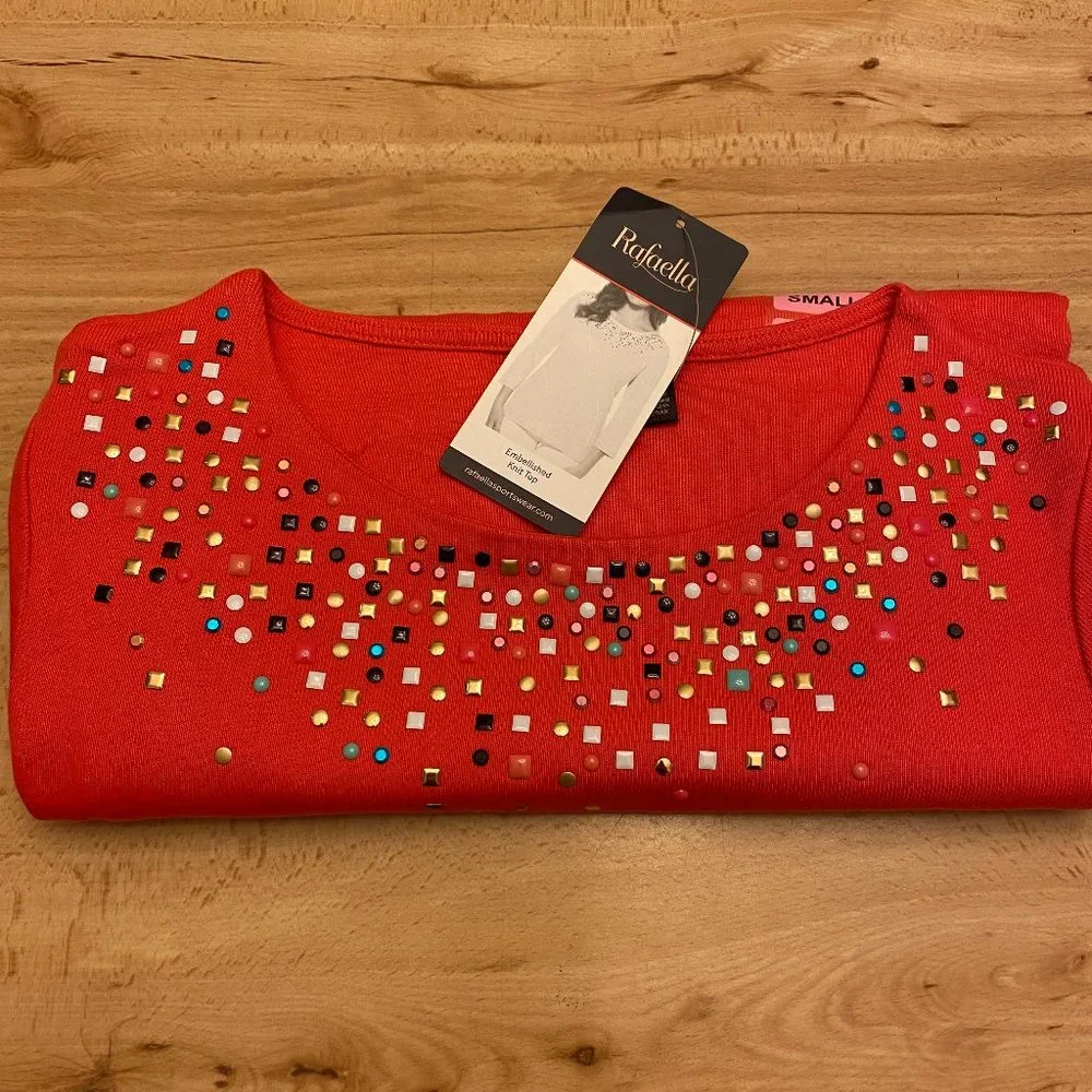 NWT Rafaella Women's Embellished Knit Pullover Top 3/4 Sleeve - Size Small - Picture 2 of 4